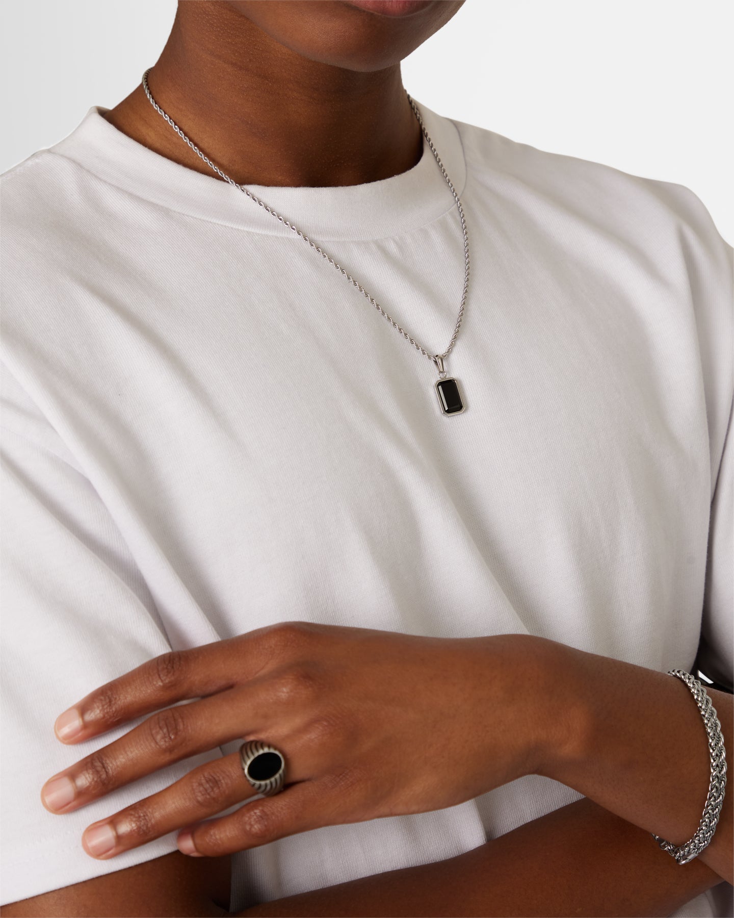 NXS Rectangle Stone Pendant Chain White Gold/Black、mySite、zt4zffjzw