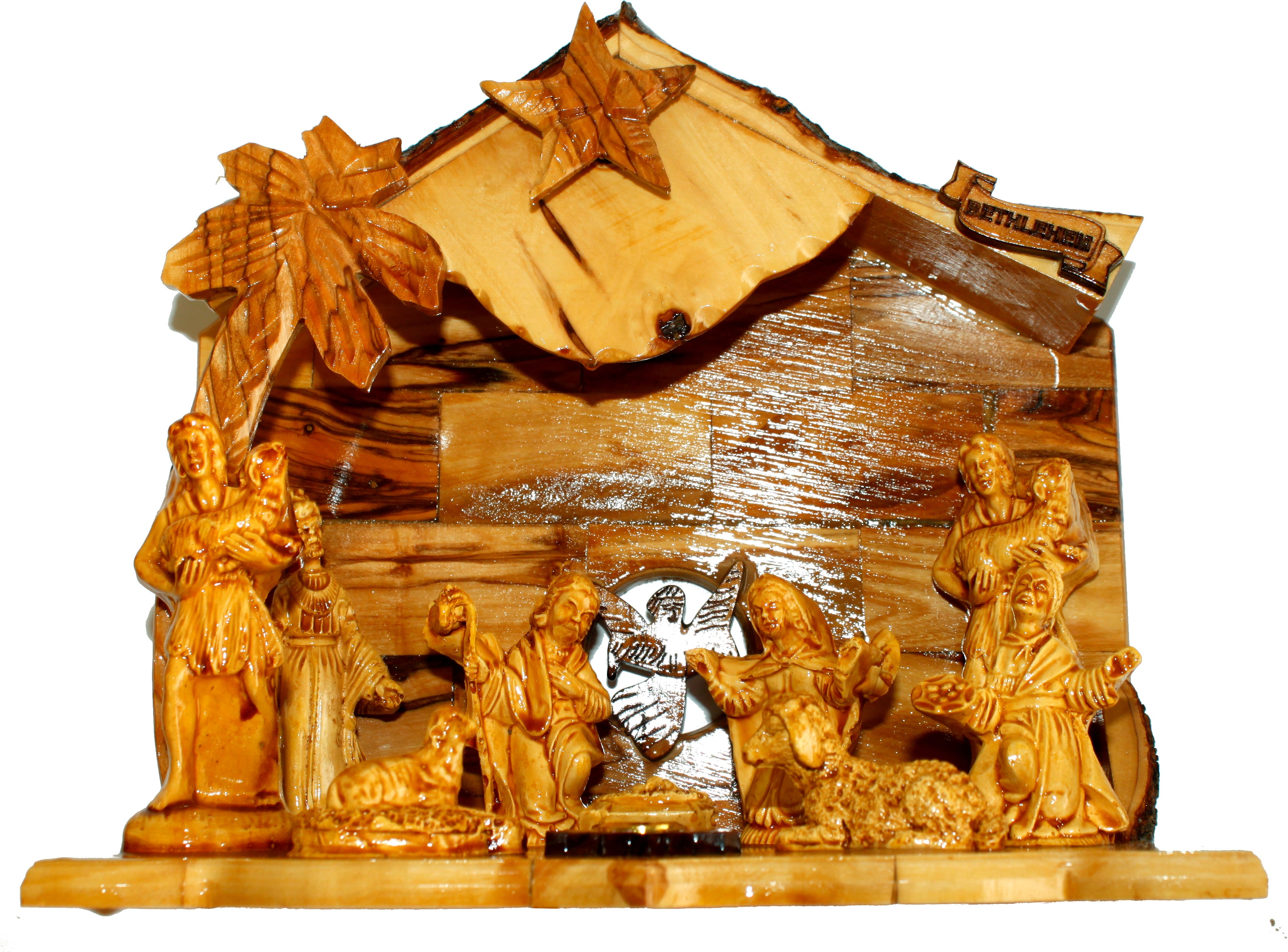 Holy Land Market Musical Olive Wood Nativity Set with Rustic Stable (Bark Roof) - Glued Alabaster Pieces、mySite、topwebapps