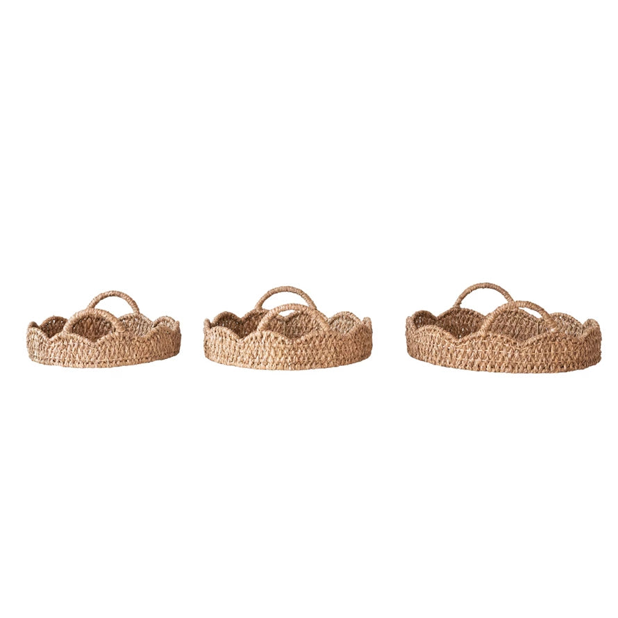  Braided Bankuan & Rattan Trays w/ Scalloped Edge & Handles, Set of 3、mySite、elrpsem3k