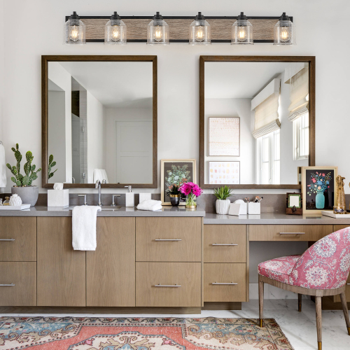 40&quot; Farmhouse Vanity Light Fixture, 5-Light Bathroom Wall Sconce with Clear Seeded Glass Shades, Black and Wood Grain Finish, Modern Industrial Design for Bathroom or Powder Room (No Bulbs)、、eastwooduniform