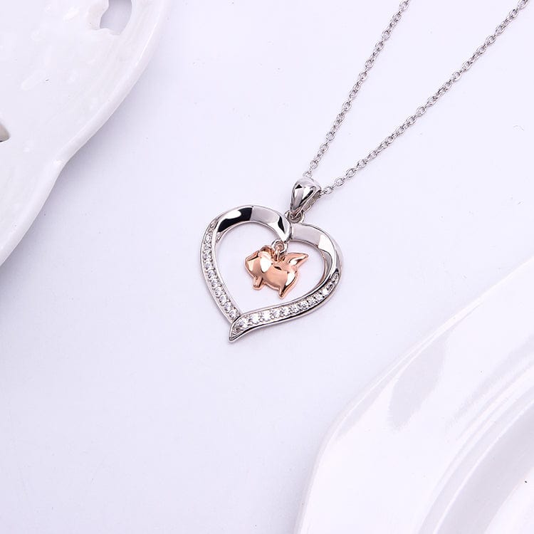 Flying Pig in a Heart with CZ Sterling Silver Necklace 18 Sliding Chain、mySite、g9winljtr