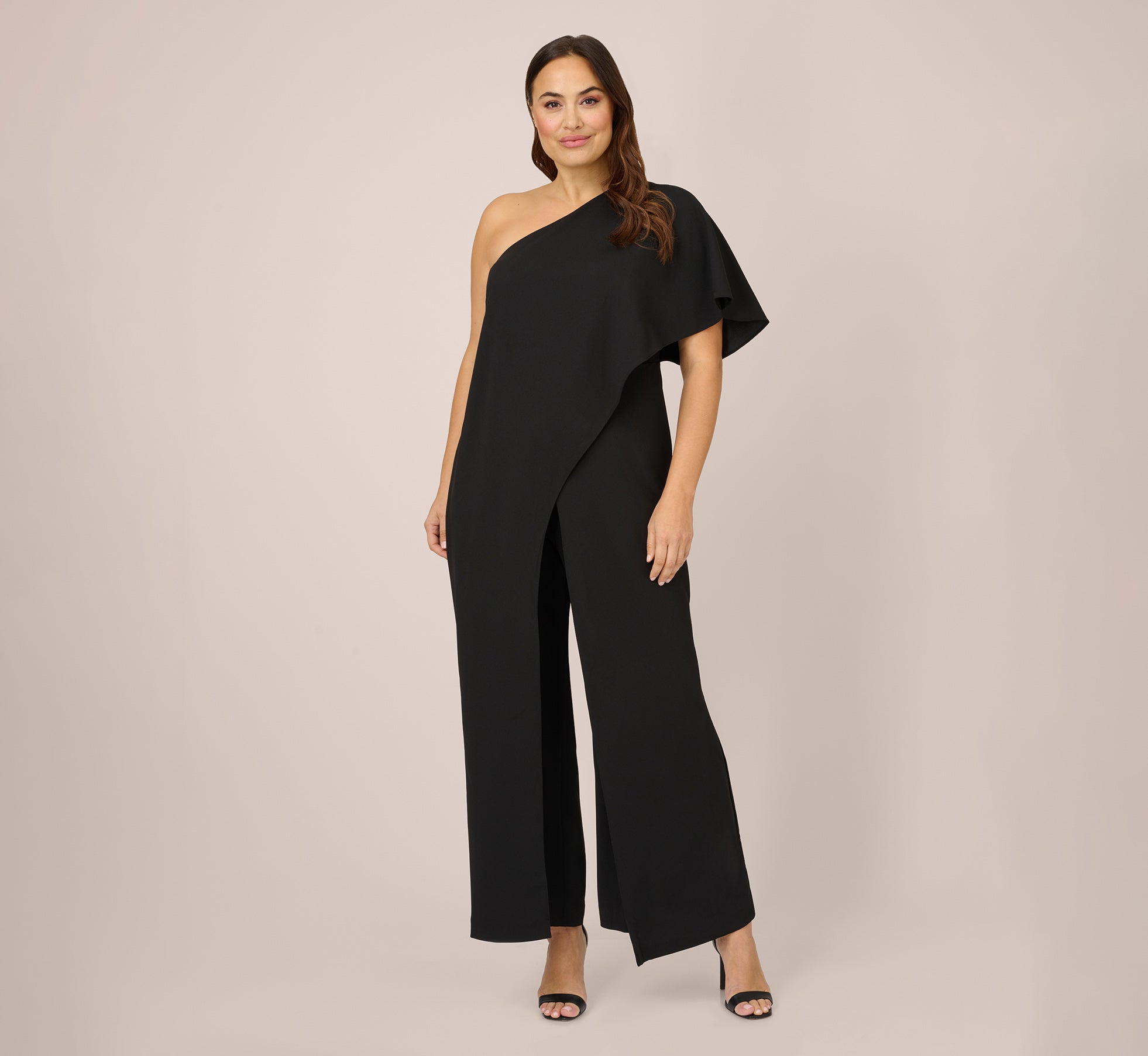 Plus Size Flutter One Shoulder Jumpsuit In Black、mySite、solidvoid
