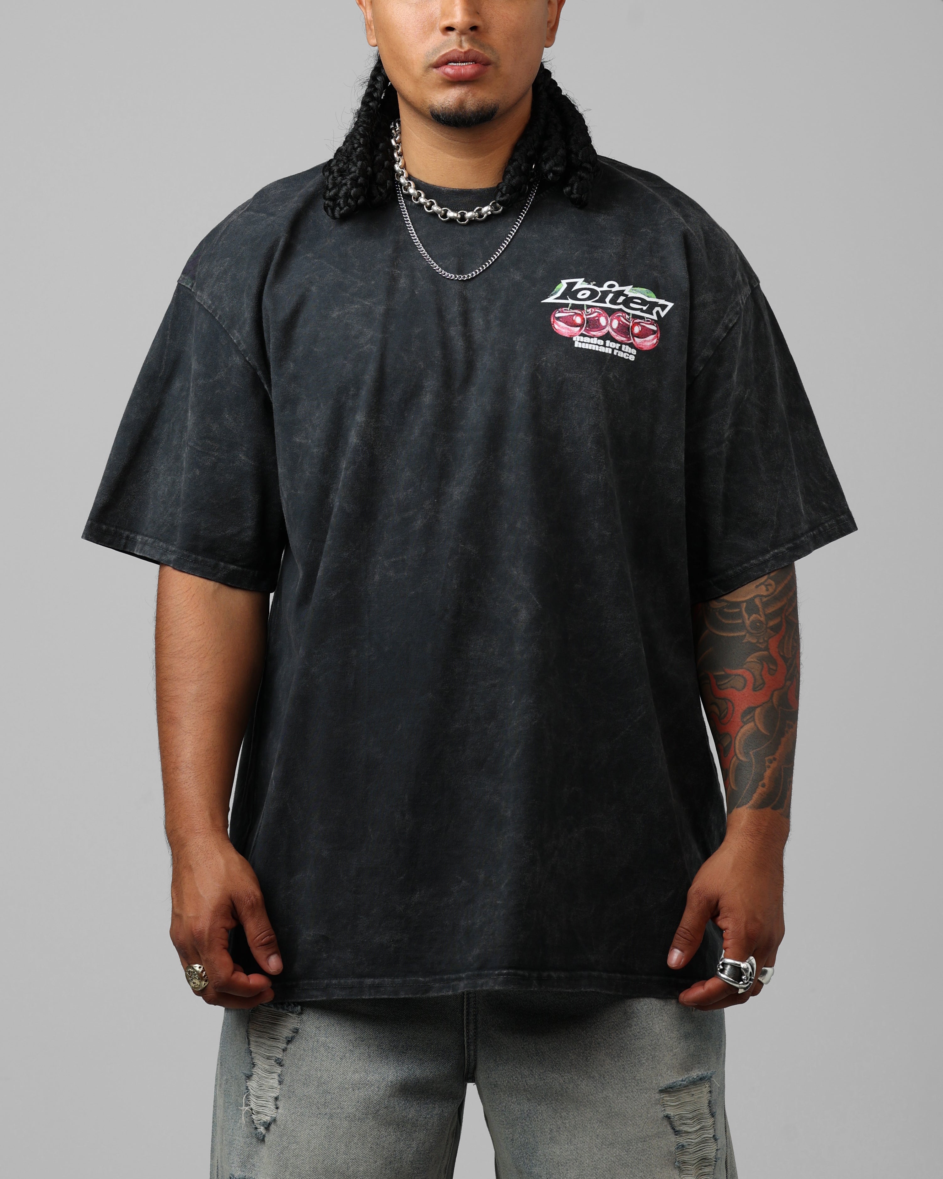 Loiter Cherry Pick Drop T-Shirt Black Acidwash、mySite、zt4zffjzw