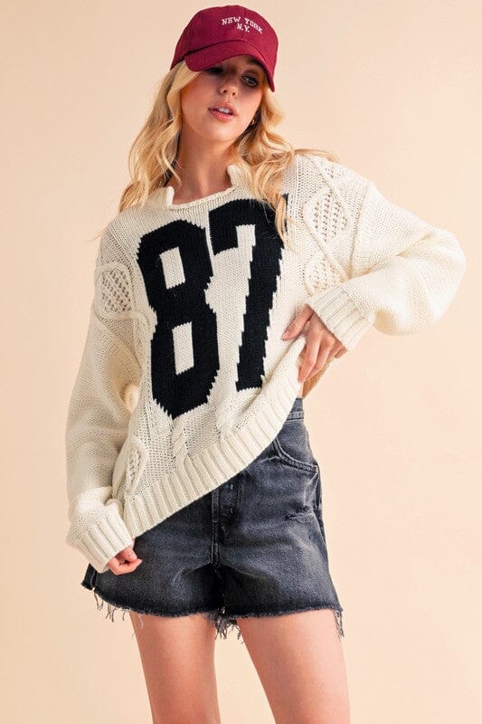 Aemi+Co Contrast 87 Number Cable Knit Drop Shoulder Sweater、mySite、camillekostekn