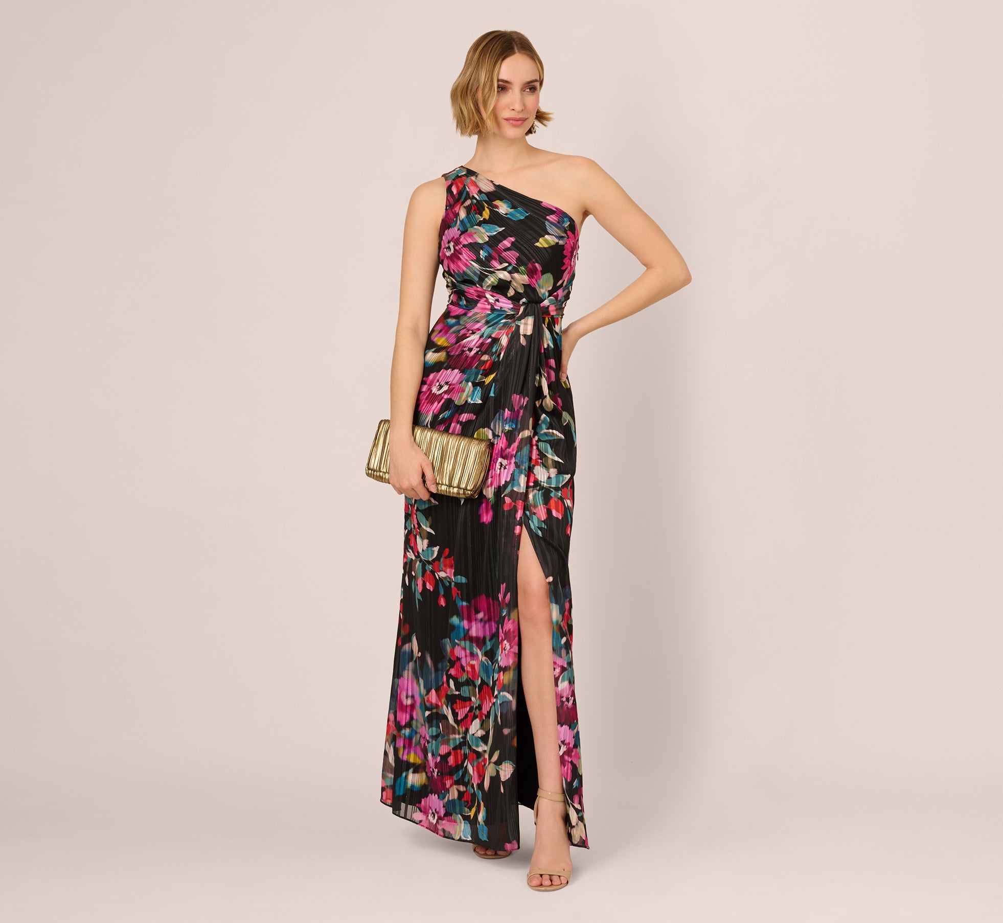 One Shoulder Metallic Floral Stripe Gown In Black Multi、mySite、solidvoid