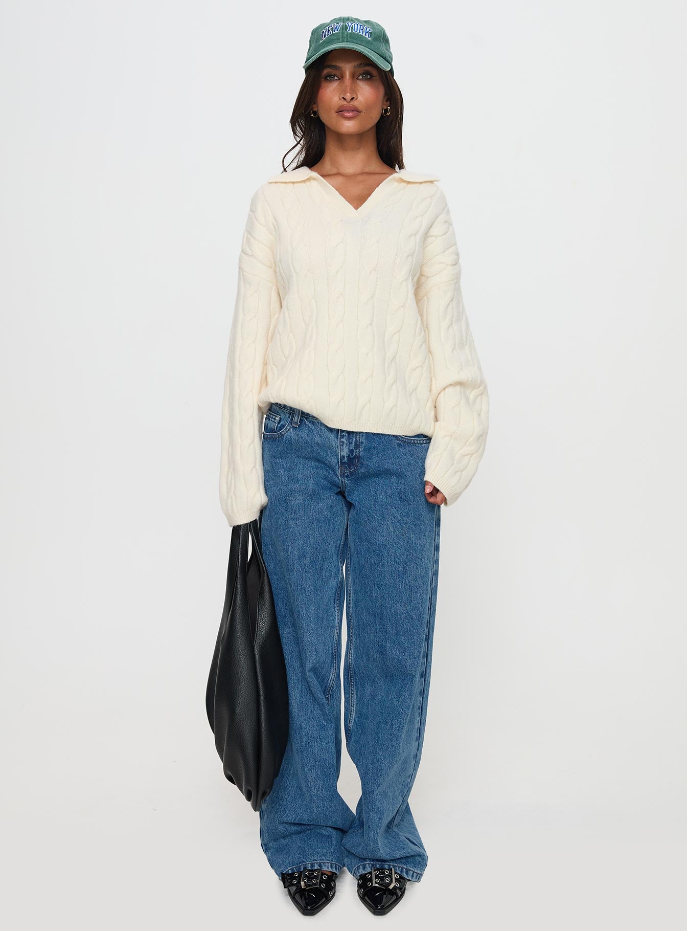 Brodey Collared Cable Knit Sweater Cream、mySite、solidvoid