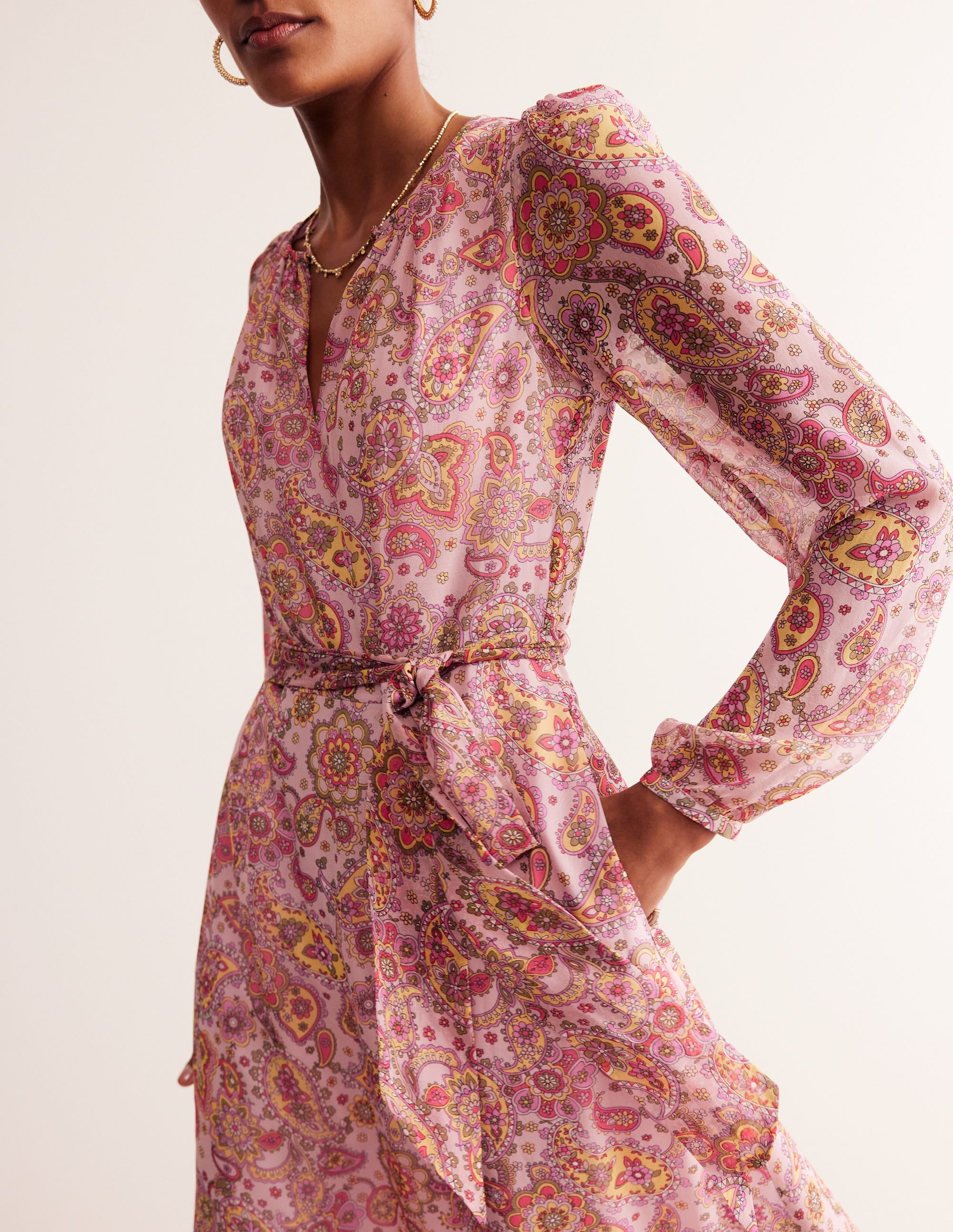  Silk Midi Blouson Sleeve Dress-Milkshake, Paisley Field、mySite、ashleygrahame