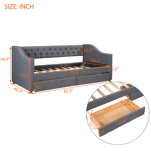Upholstered Twin Size daybed with Two Drawers, Wood Slat Support, Gray(OLD SKU :LP000011AAE)、、casual