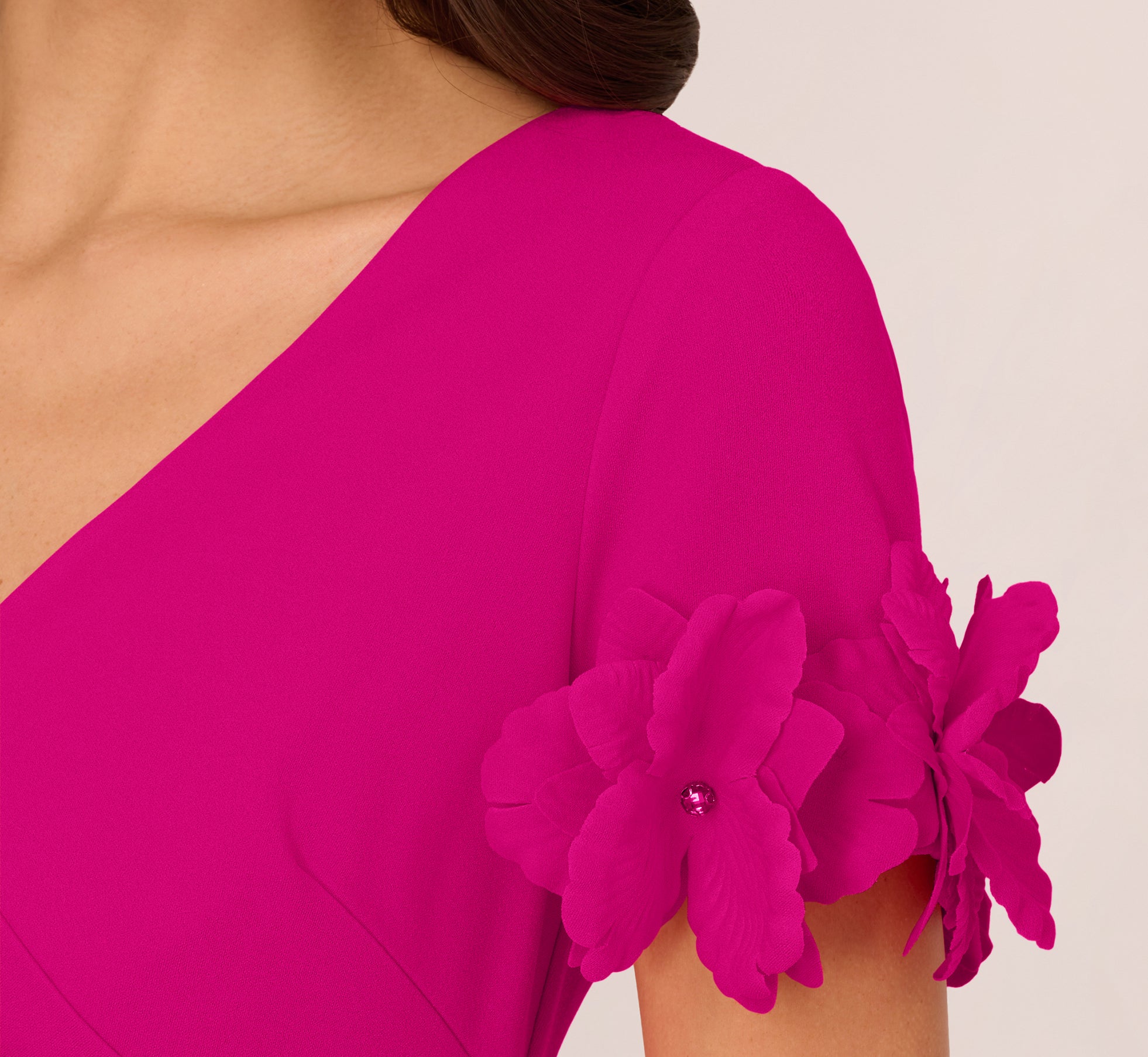 Crepe Faux Wrap Sheath Dress With Floral Accent Short Sleeves In Pink Flambe、mySite、solidvoid