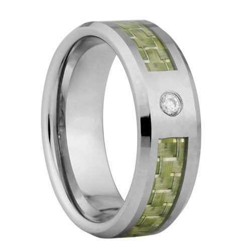  Tungsten ring with green Fiber inlay and CZ stone - 8mm wide、mySite、elrpsem3k