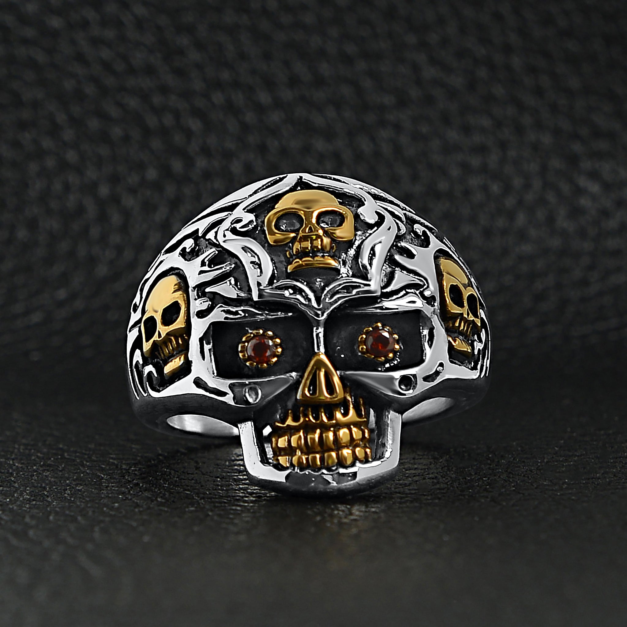 Stainless Steel 18K Gold PVD Coated Red CZ Eyed Filigree Skull Ring / SCR4003、mySite、dreamappss