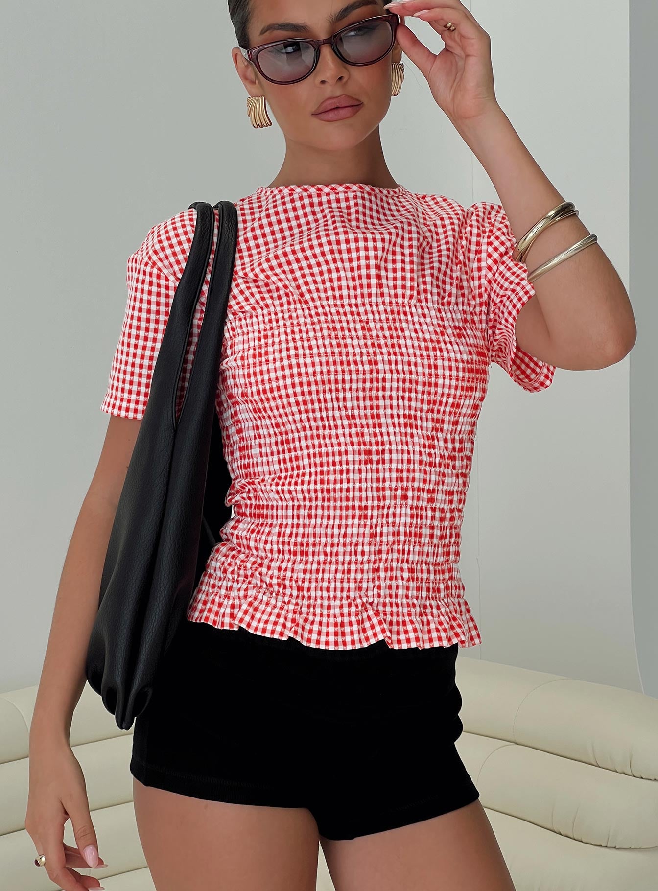 Maybe Tomorrow Ruched Top Red Check、mySite、solidvoid