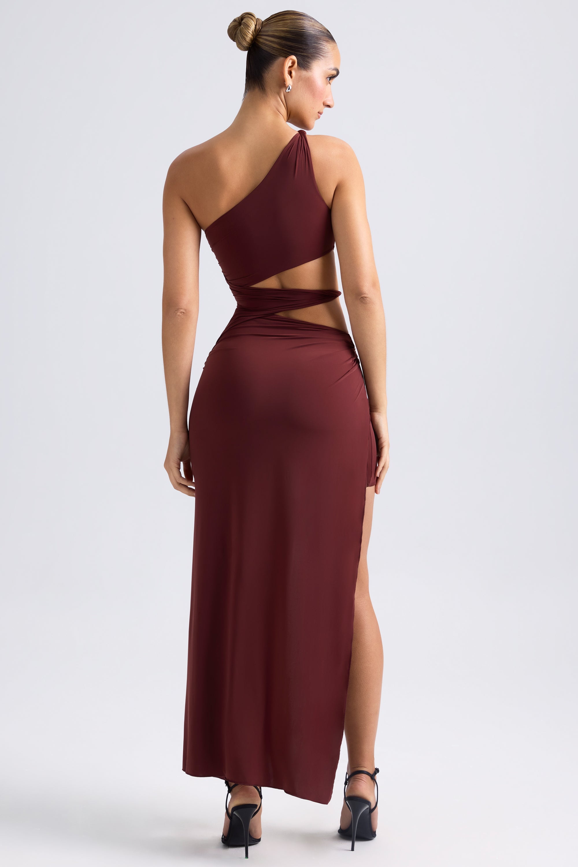 One-Shoulder Draped Cut-Out Maxi Dress in Chestnut Brown、mySite、solidvoid