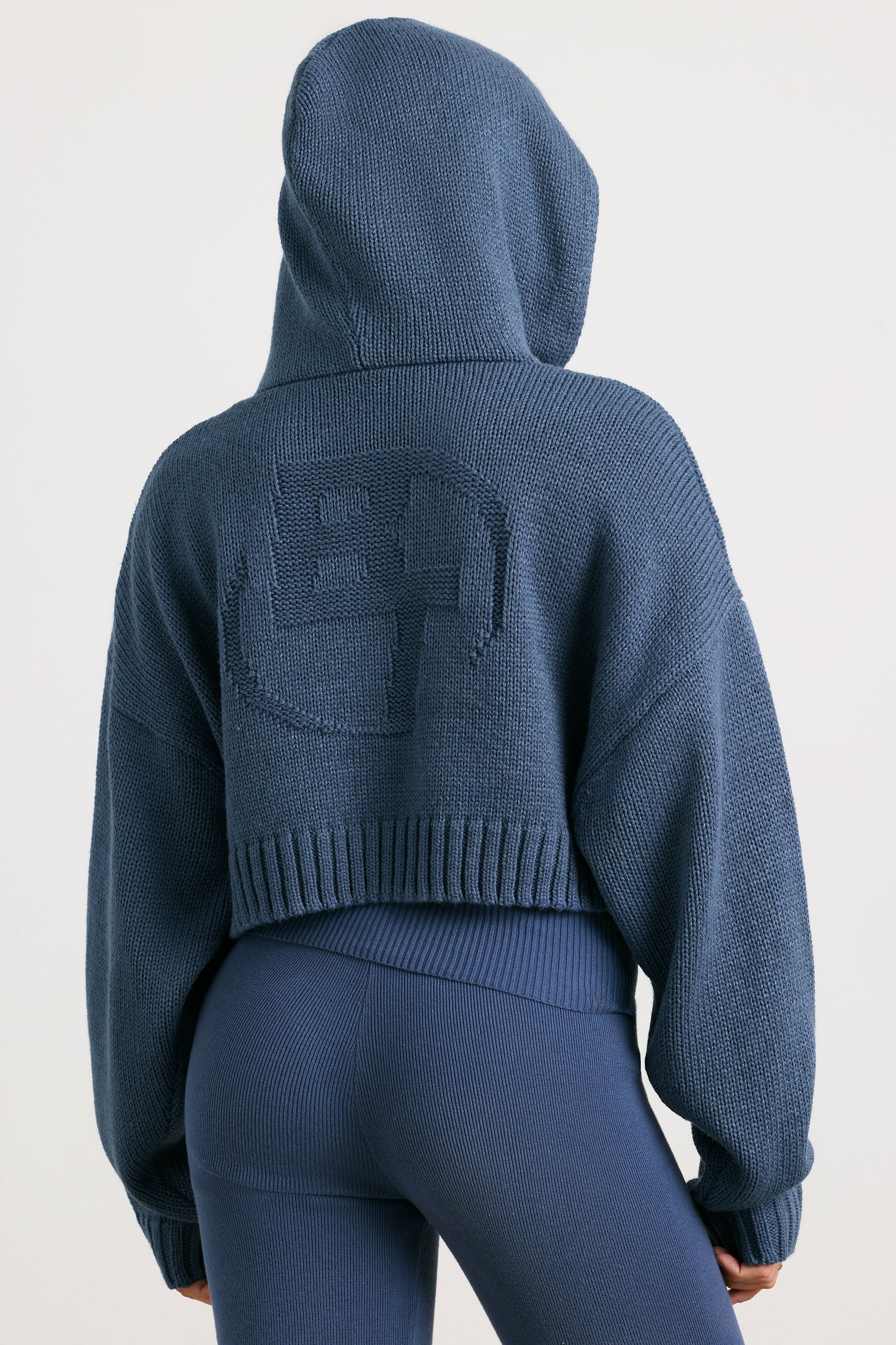Cropped Zip Up Chunky Knit Hoodie in Washed Navy、mySite、solidvoid