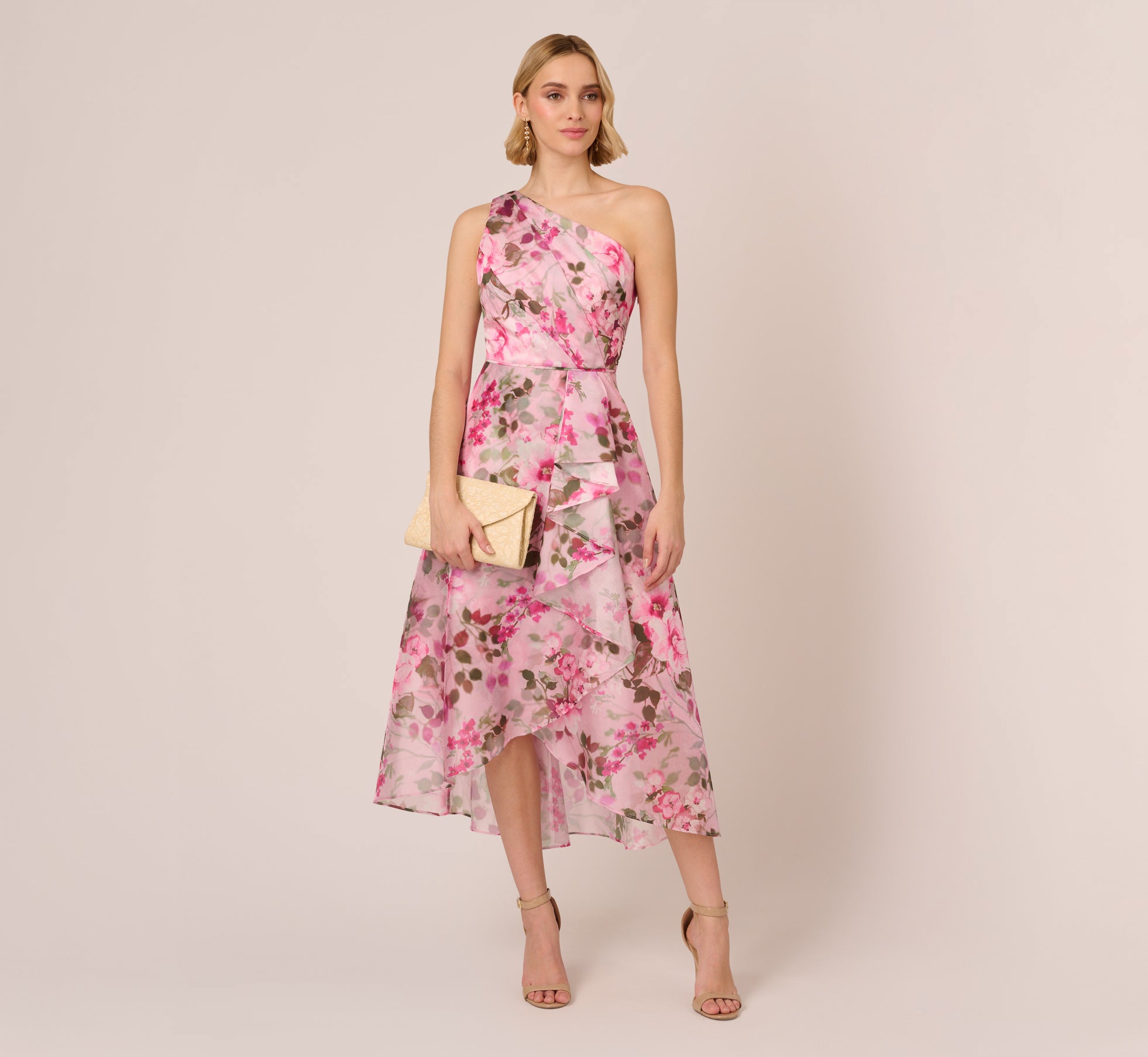 Floral Print Organza Midi Dress With One Shoulder Neckline In Pink Multi、mySite、solidvoid
