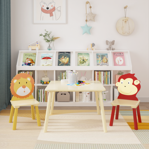 Kids Table and 2 Chairs Set, 3 Pieces Toddler Table and Chair Set, Wooden Activity Play Table Set (Lion&Monkey)、、casual