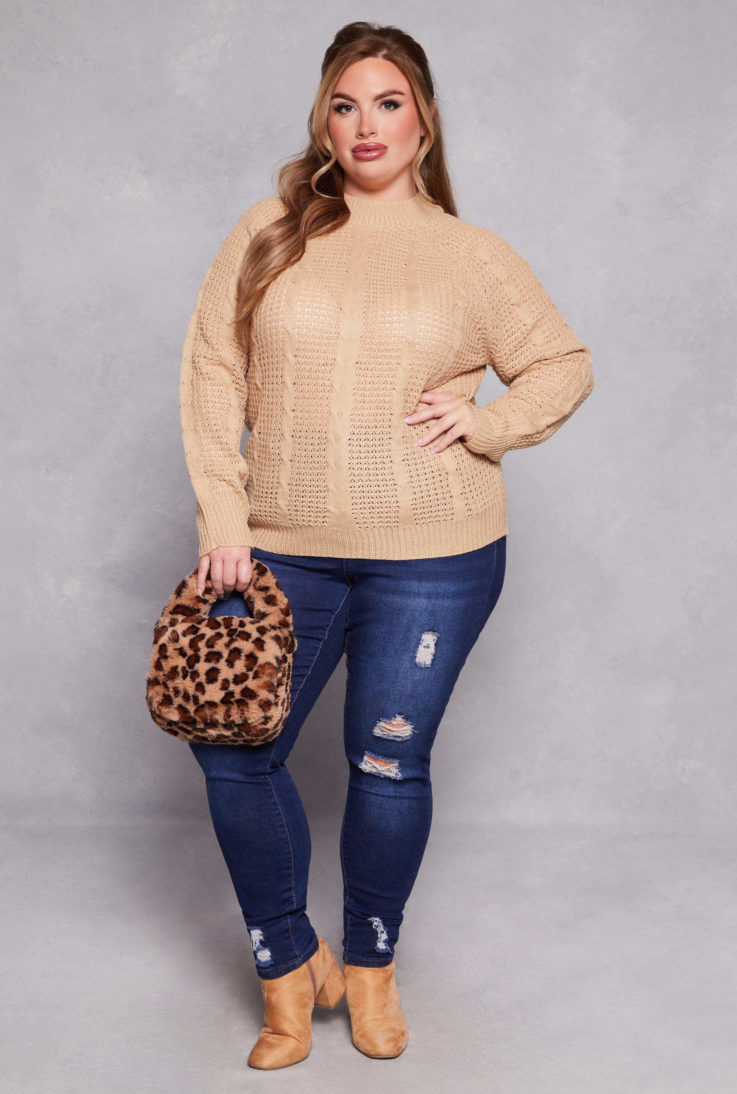 Plus Size Cable Knit Mock Neck Sweater、mySite、camillekostekn