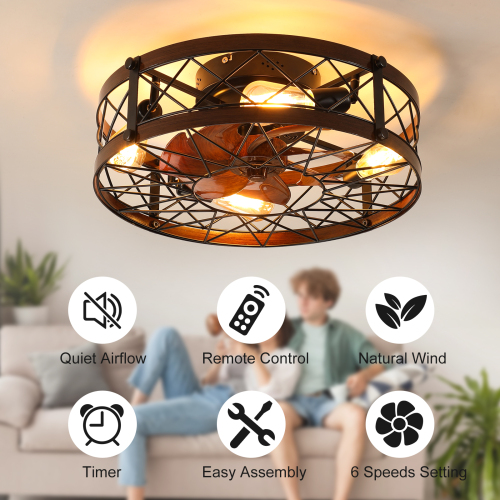 Caged Ceiling Fans with Lights Black, 20 inch Flush Mount Ceiling Fan Light, Farmhouse Small Ceiling Fan with Light Fixture, Reversible Fan for Bedroom (Including E26 bulbs)、、eastwooduniform