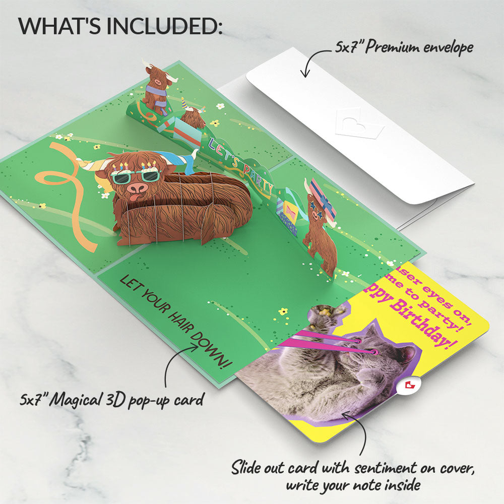Highland Cow with Cat Laser Eyes Birthday Pop-Up Card and Sentiment Set、mySite、solidvoid