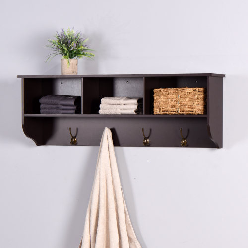 White Entryway Wall Mounted Coat Rack with 4 Dual Hooks Living Room Wooden Storage Shelf、、casual