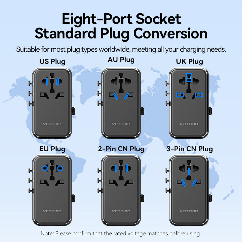 Vention 3-Port USB (C + A + A) GaN Universal Travel Adapter (65W/60W/5W) with Built-in USB-C Cable Black、mySite、fannypackpong