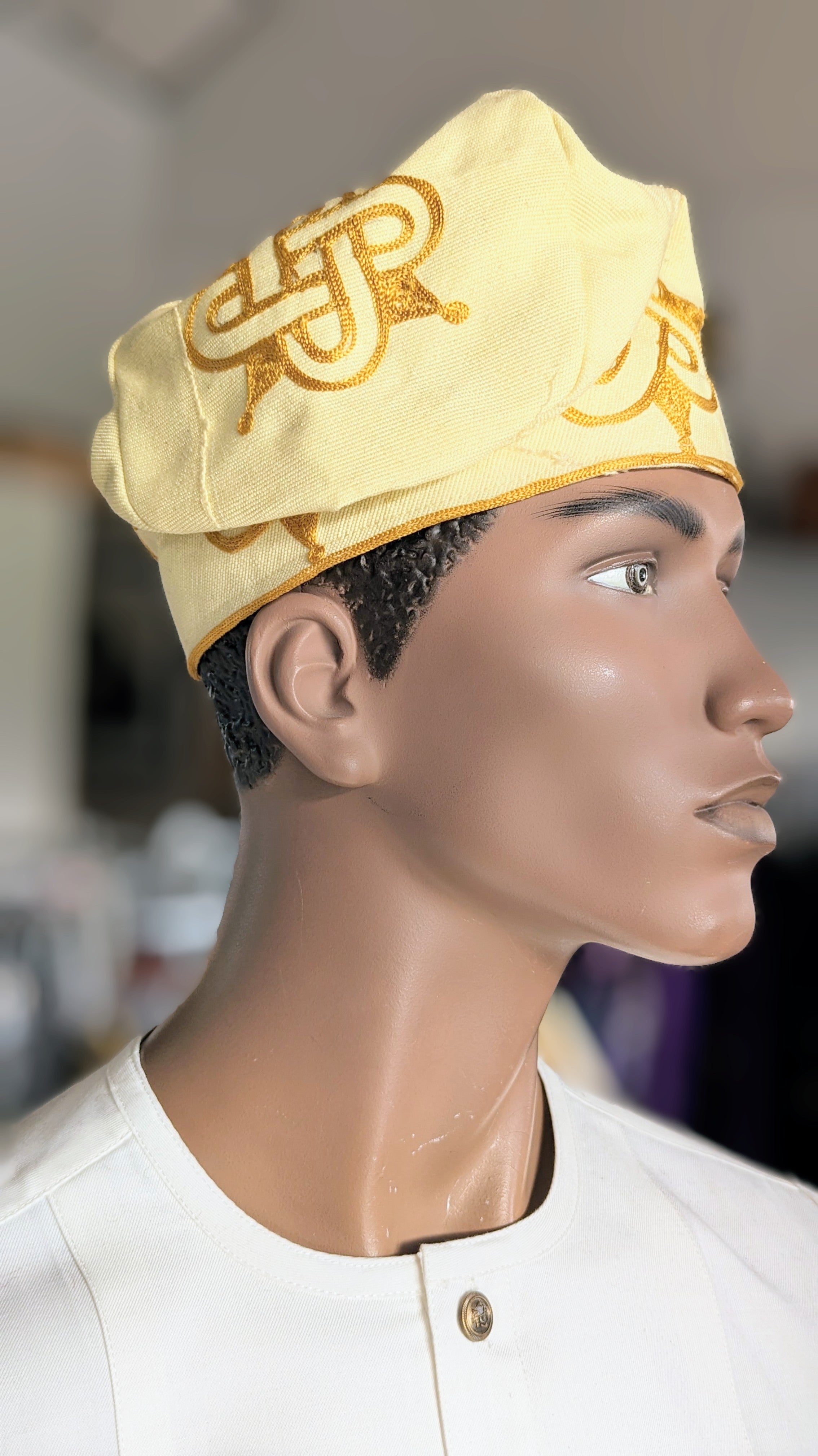 Dupsie's Gbadun Cream Nigerian African Cream and Gold Embroidered Aso Oke Handwoven Fila Kufi Cap Hat DPHACG3、mySite、solidvoid