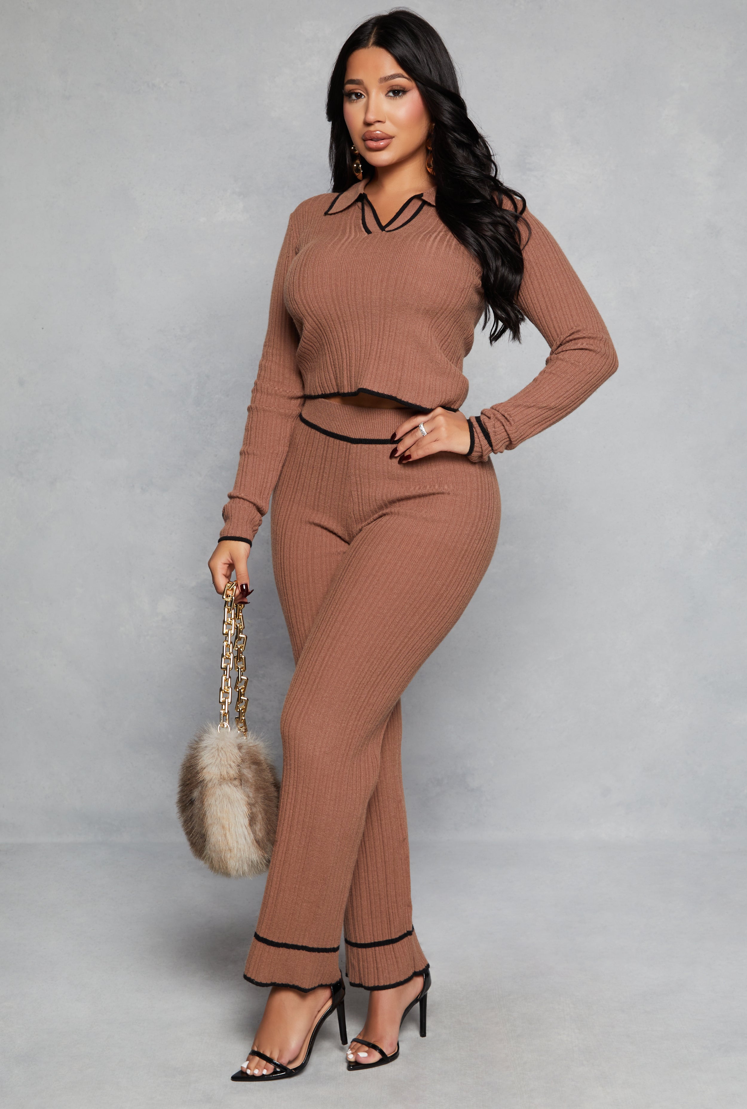 Ribbed Knit Contrast Trim Straight Leg Pants、mySite、camillekostekn