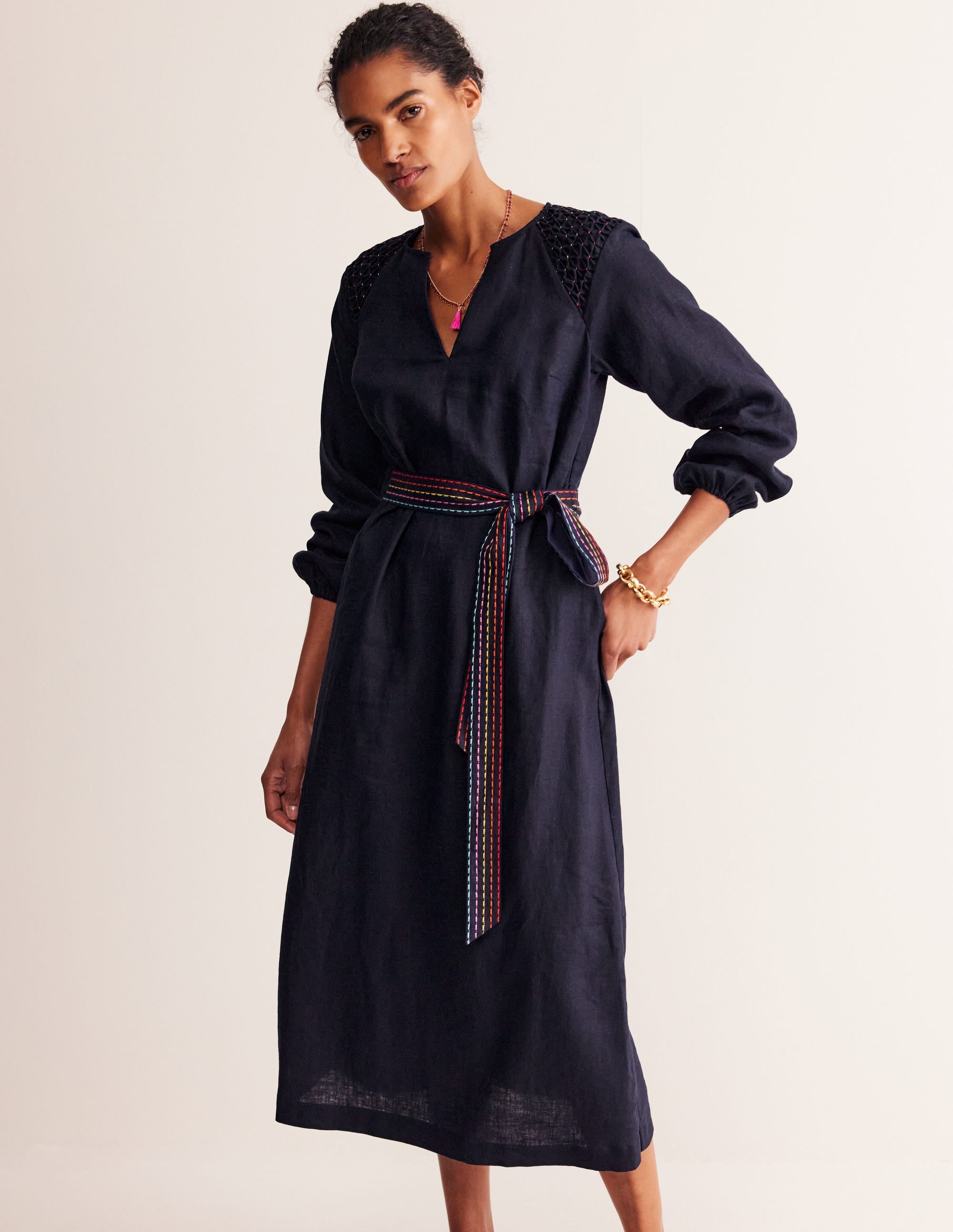  Linen Midi Smocked Dress-Navy、mySite、ashleygrahame