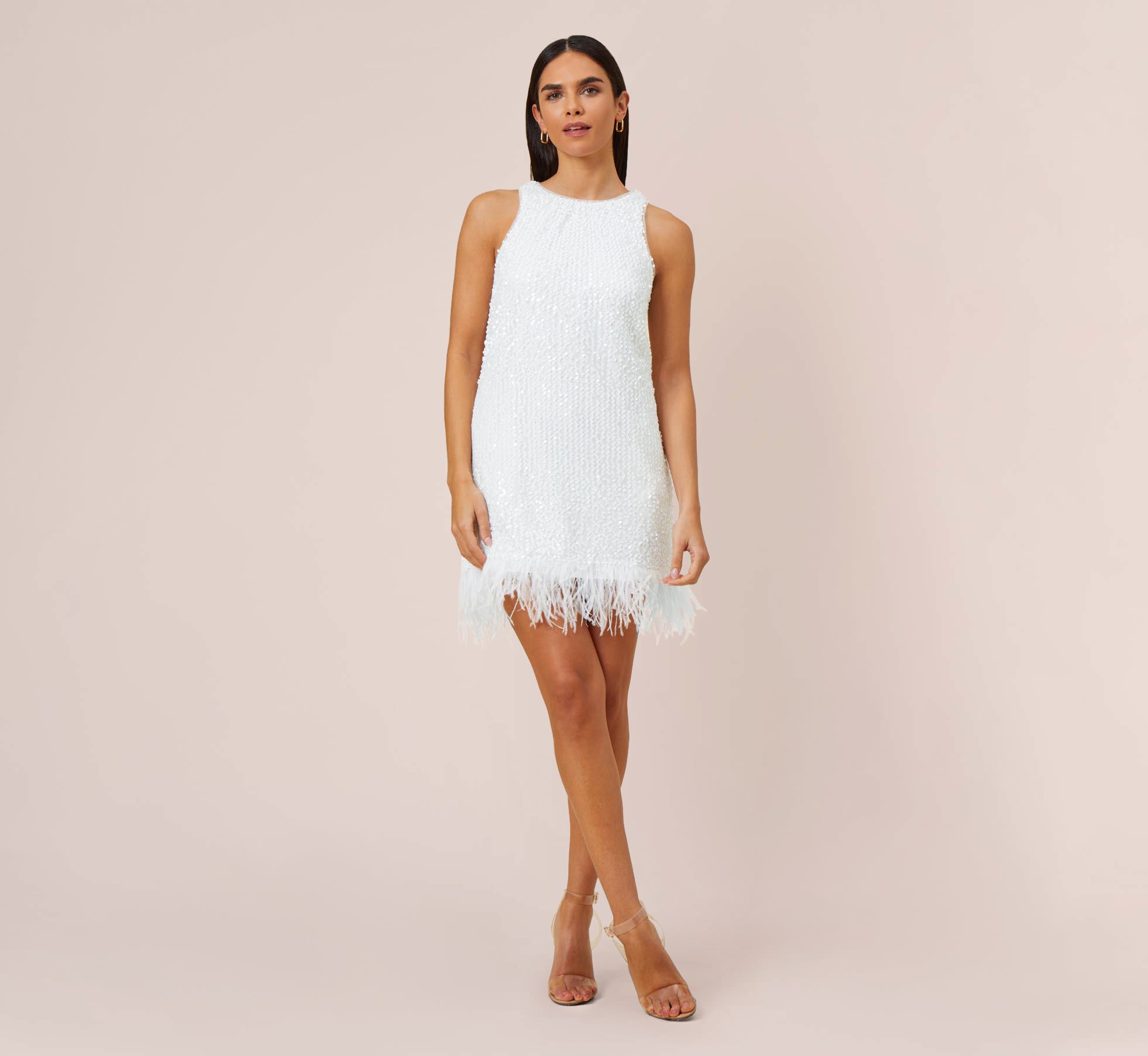 Sequined Trapeze Halter Dress With Feather Trim In Ivory、mySite、solidvoid