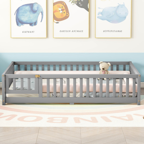 Twin Size Bed Floor Bed with Safety Guardrails and Door for Kids, Natural(Old SKU: W158090686)、、casual