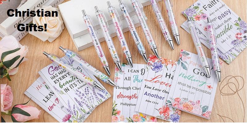 24Pcs Christian Gifts with 12 Motivational Quote Pens and 12 Bible Journal Christian Writing Pens Inspirational Ballpoint Pens Religious Notebooks with Bible Verse Bible Supplies, Gifts for Women  Student Teacher, First Holy Communion Gift, Mother