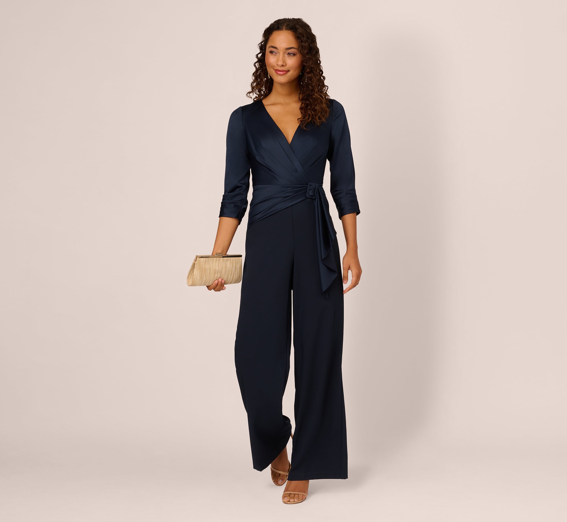 Satin Crepe Three Quarter Sleeve Jumpsuit With Buckle Waist In Dark Navy、mySite、solidvoid