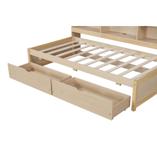 Twin Size Bed Frame With Side Bookshelves, Two Drawers, And Built-in USB Port For Natural Color、、xpatfood