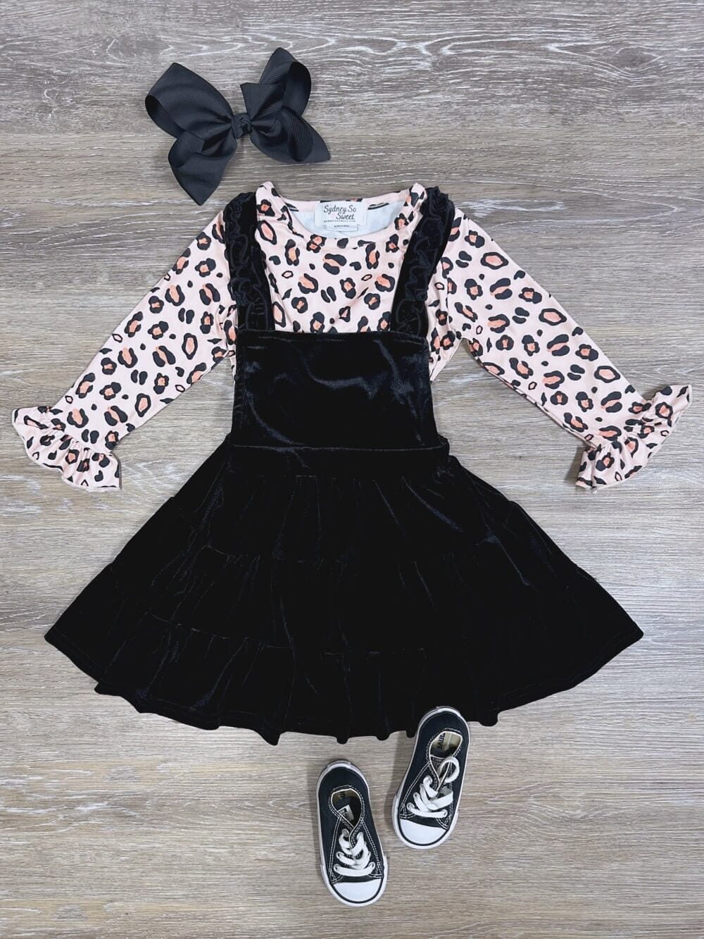 Pale Pink Cheetah Black Velvet Ruffle Girls Jumper Dress Set、mySite、camillekostekn