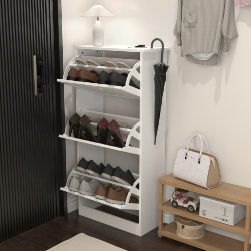Wooden Shoe Cabinet for Entryway, White Shoe Storage Cabinet with 3 Flip Doors 20.94x9.45x43.11 inch、、casual