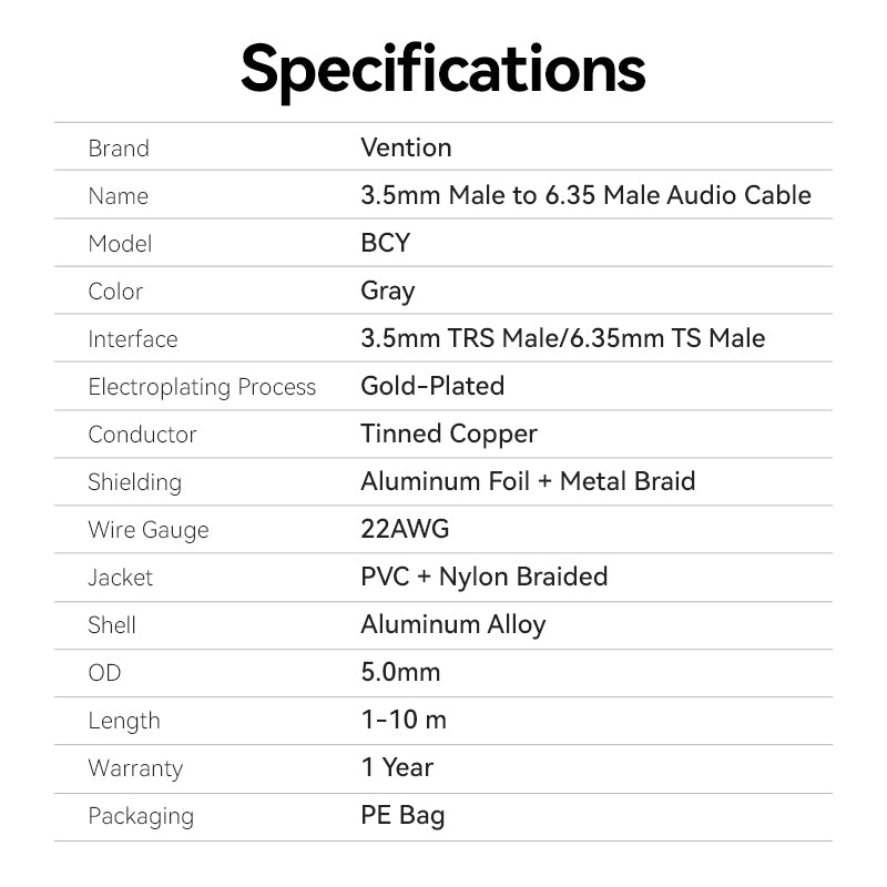 Vention Nylon Braided 3.5mm TRS Male to 6.35mm TS Male Audio Cable 1M Gray Aluminum Alloy Type、mySite、fannypackpong