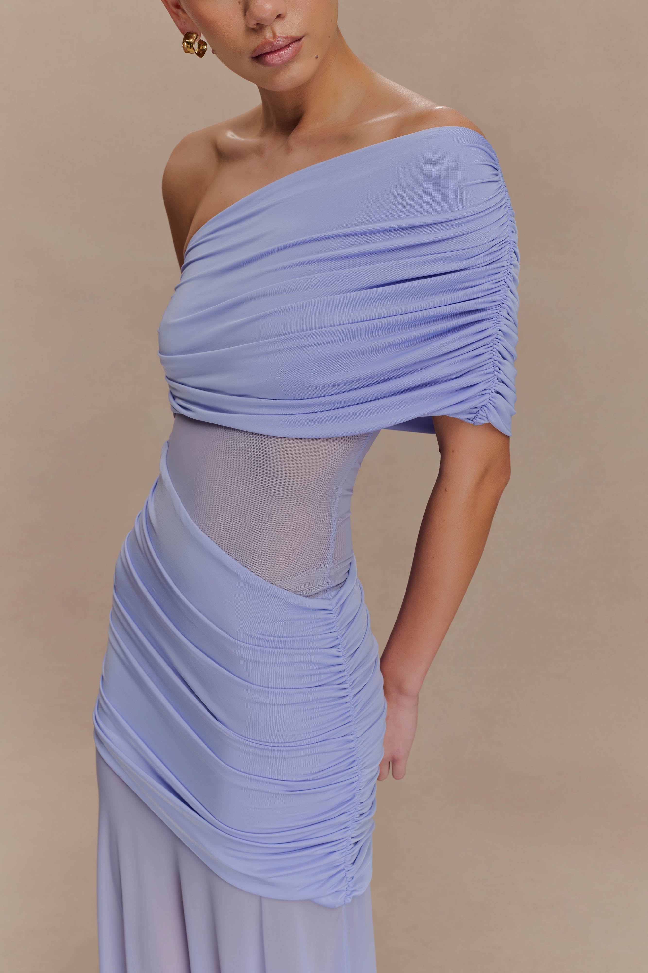 Dallas One Shoulder Mesh Maxi Dress - Lavender、mySite、solidvoid