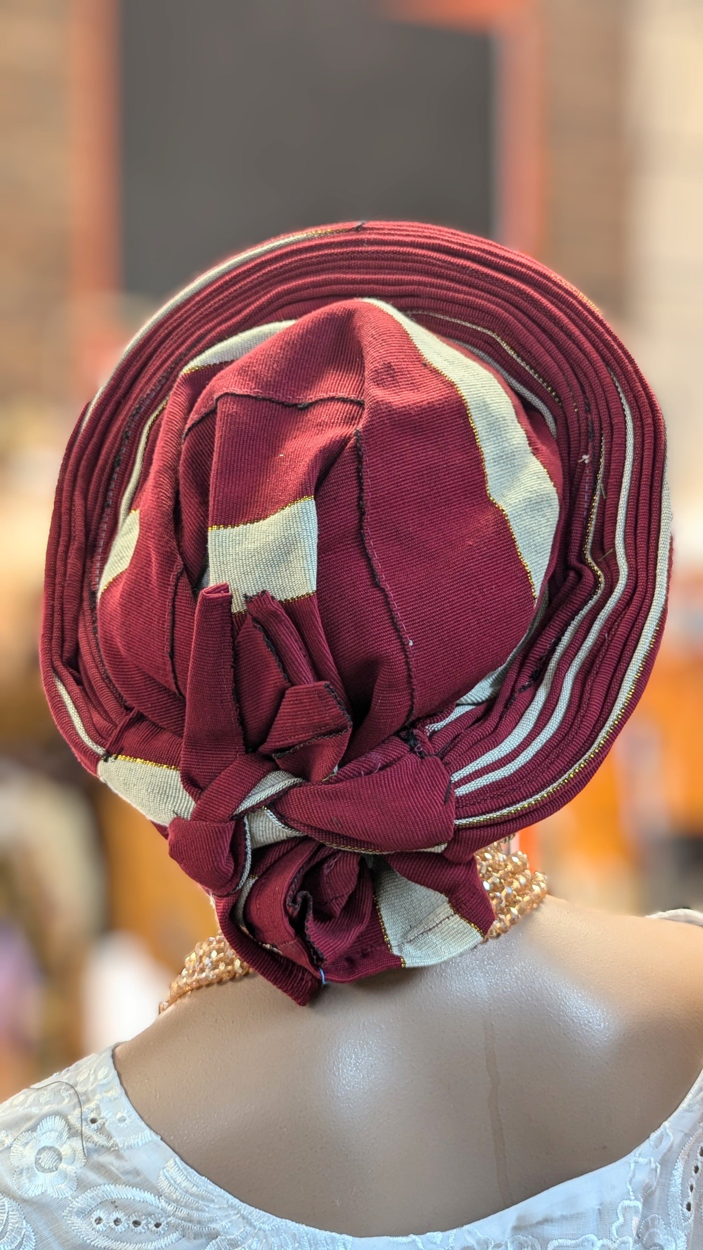 Dupsie's Olufunmilayo Burgundy Aso Oke Ready Gele Autogele Pre-tied head wrap hat DPAGARBG4、mySite、solidvoid