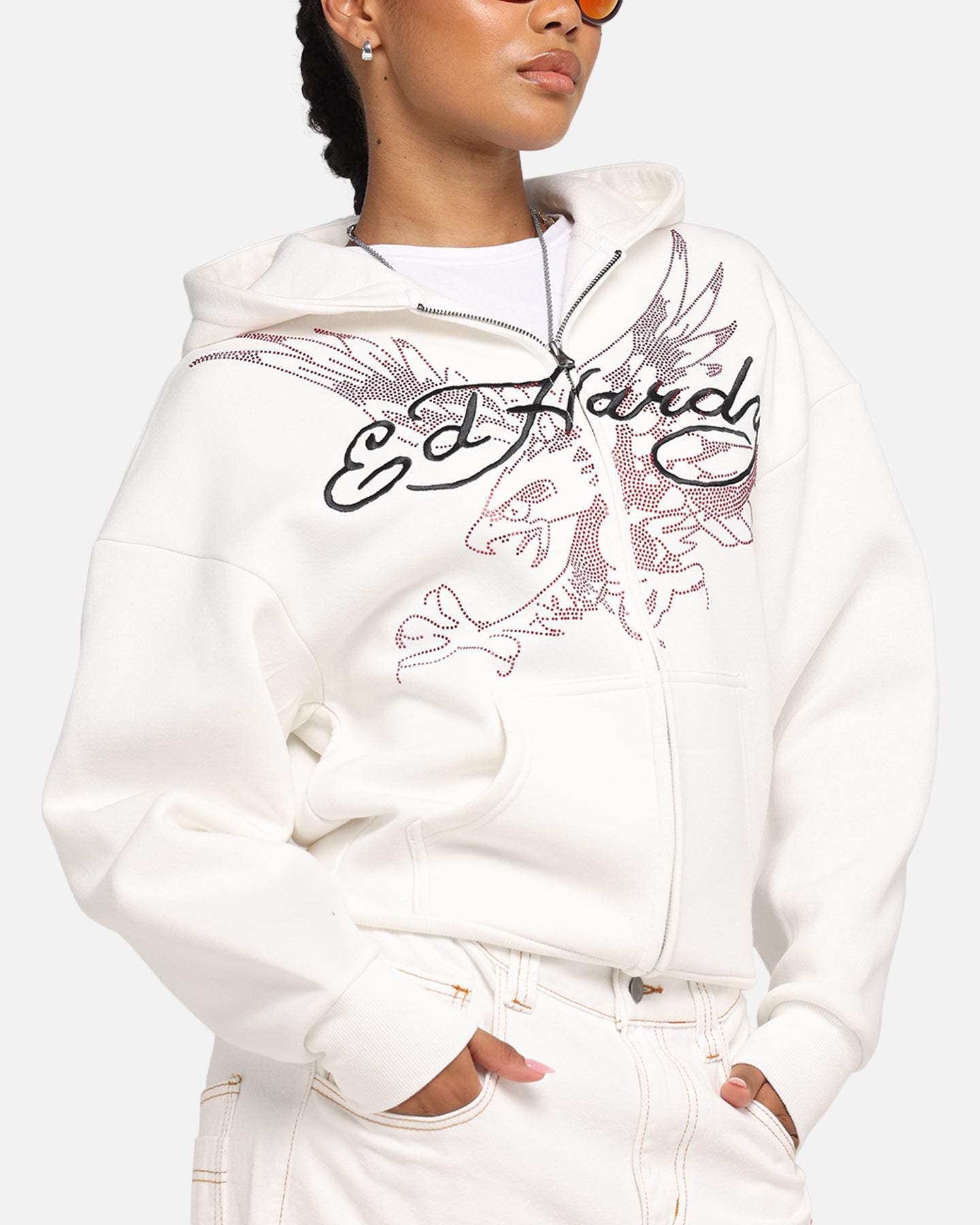 Ed Hardy Eagle Rhinestone Zip Hoodie Off White、mySite、zt4zffjzw
