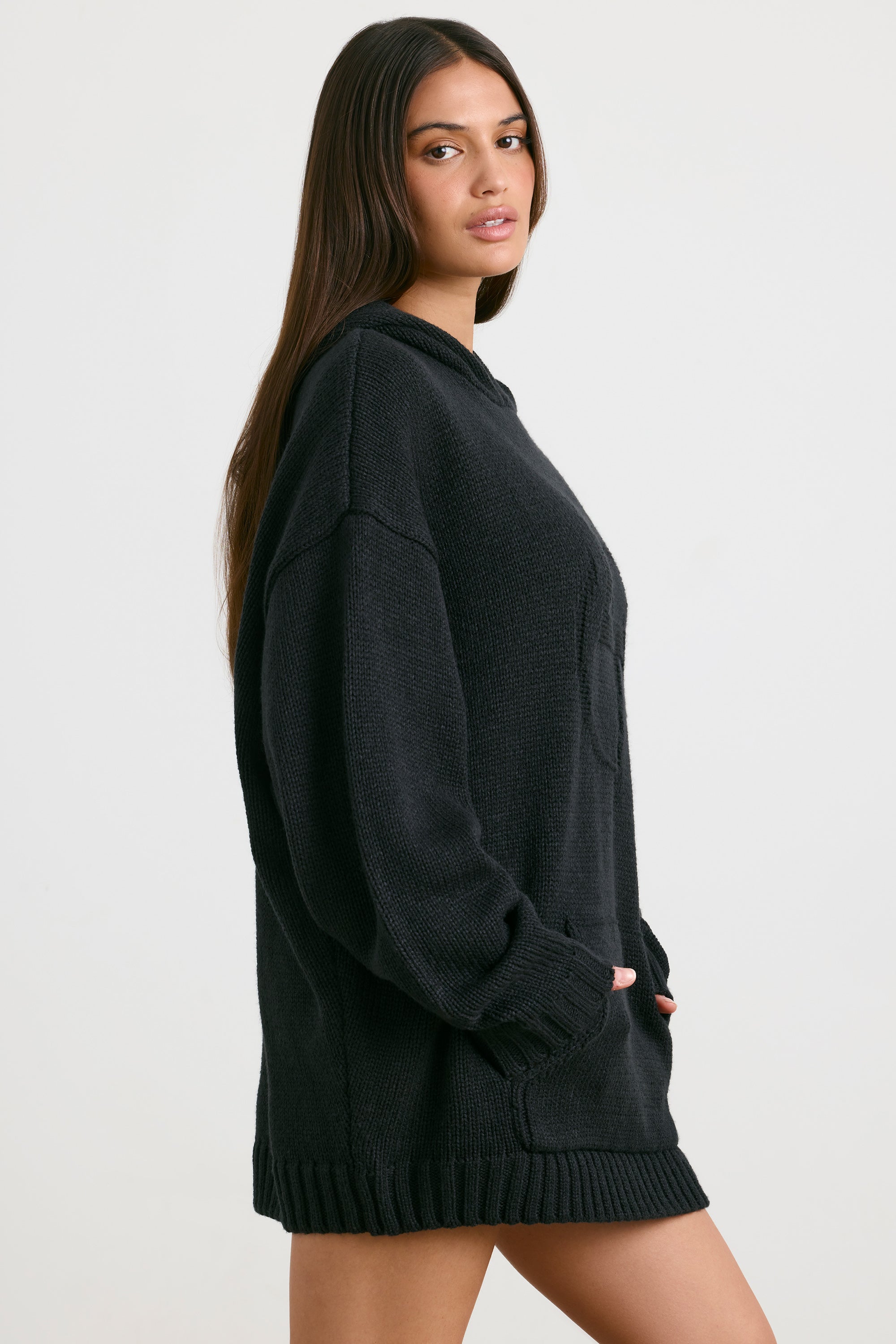 Oversized Chunky Knit Hoodie in Black、mySite、solidvoid