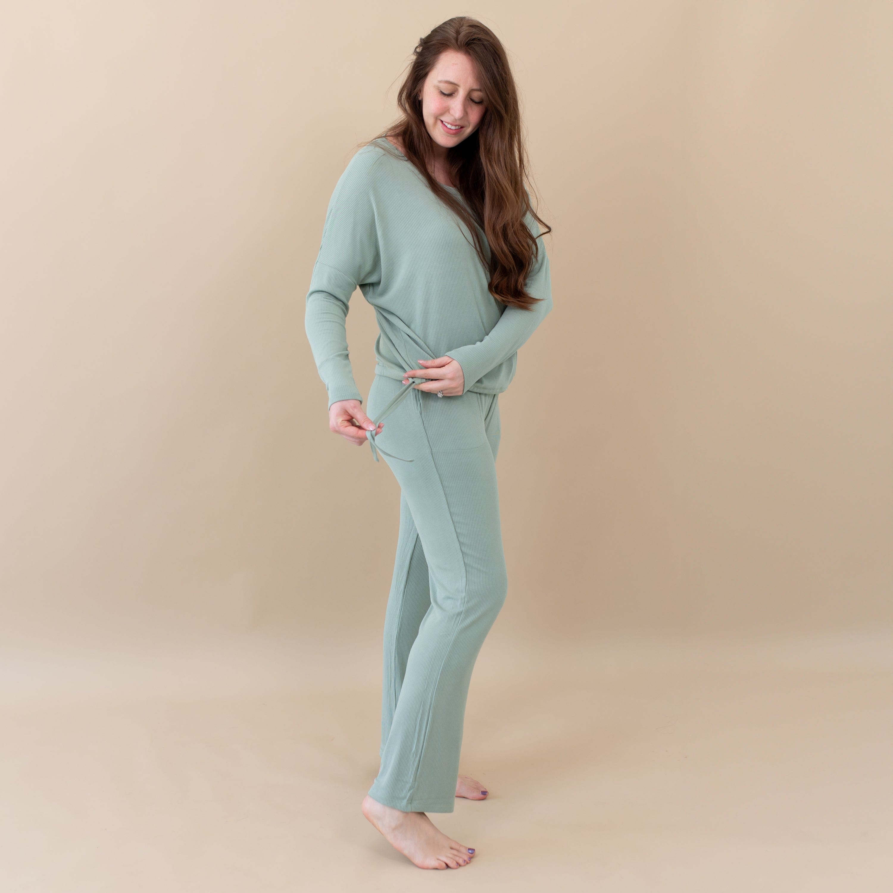  Women's Ribbed High Waisted Wide Leg Pant in Thyme、mySite、layawaytickets