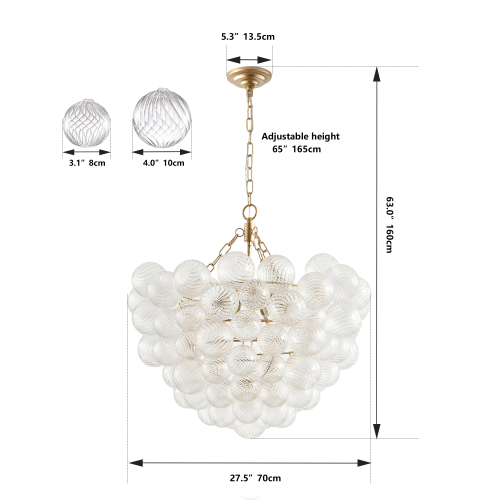 27.5-Inch Gold Pendant Light Chandelier with Threaded Clear Glass Globe Shade – Adjustable Height, Ideal for Living Room, Dining Room, Kitchen (No Bulbs)、、eastwooduniform