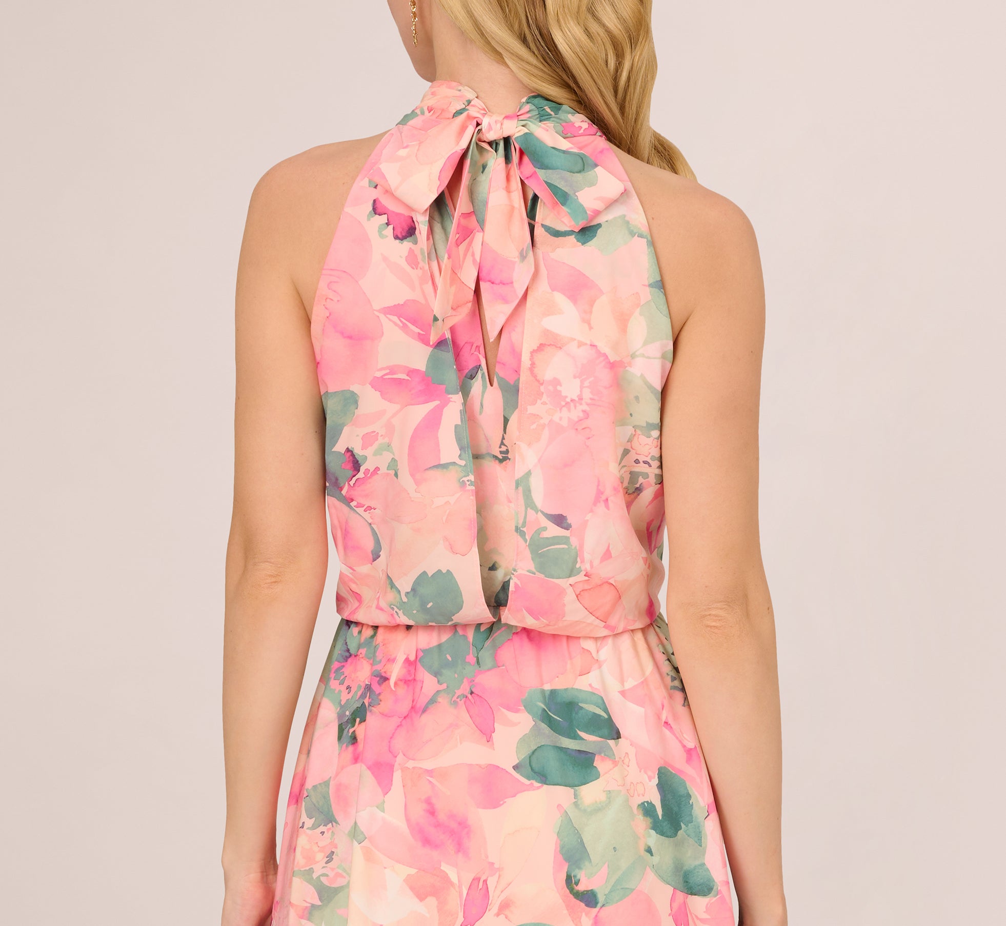 Floral Print Chiffon Halter Dress With Mock Neck In Blush Multi、mySite、solidvoid
