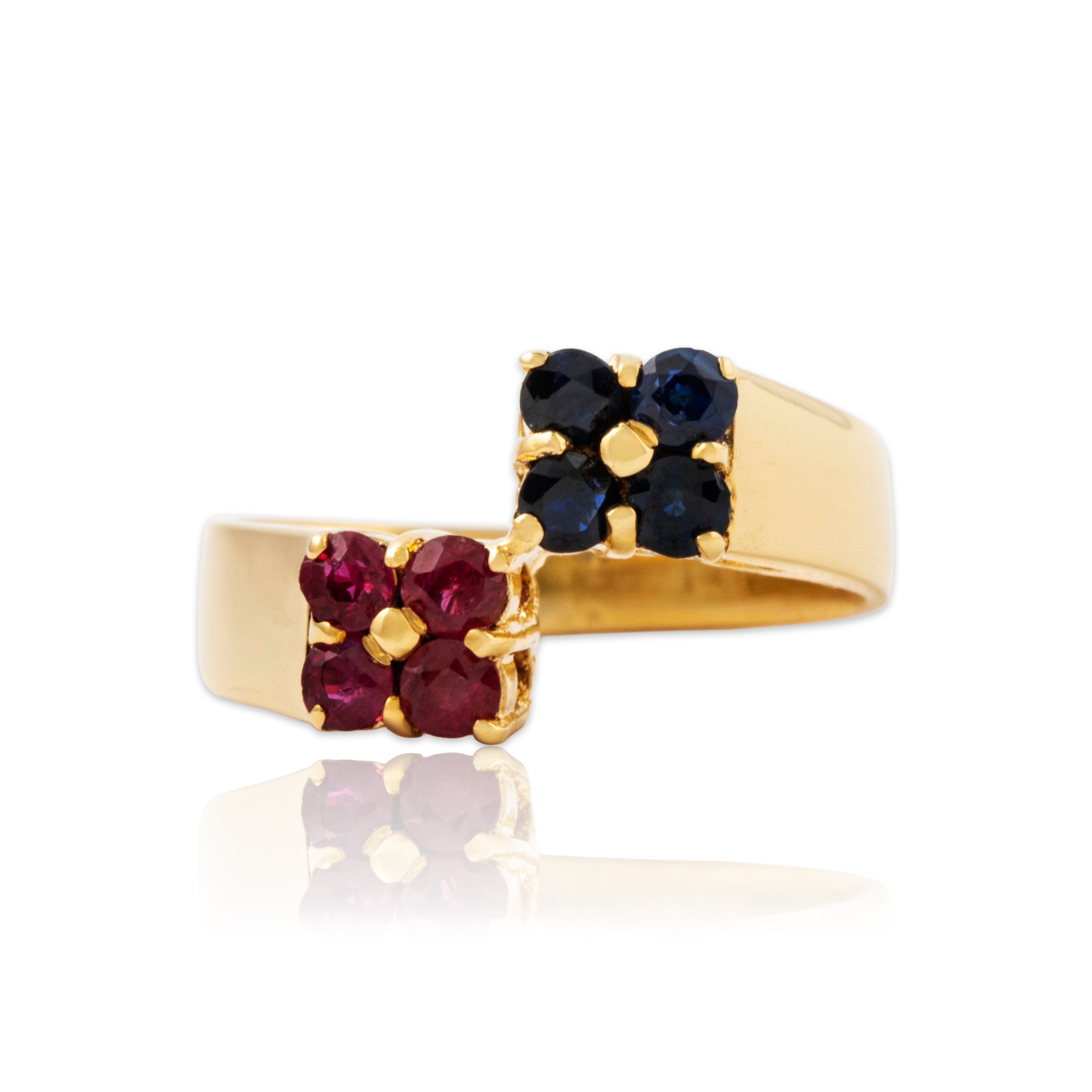 Vintage 18k Yellow Gold Ruby Blue Sapphire Floral Duo Ring 4.50、mySite、hinf8tx79