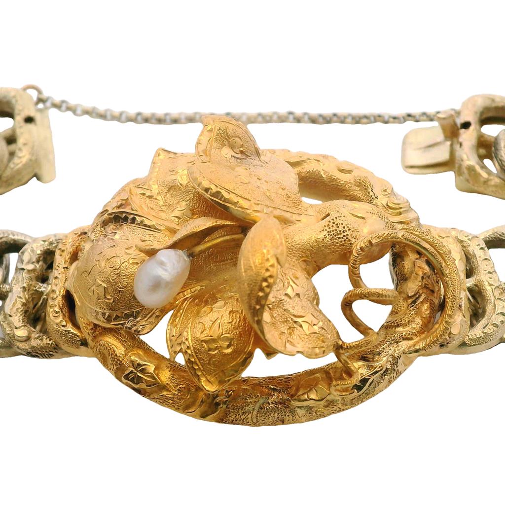  Estate 14K Yellow Gold Natural Pearl Orchid Flower Antique Bracelet