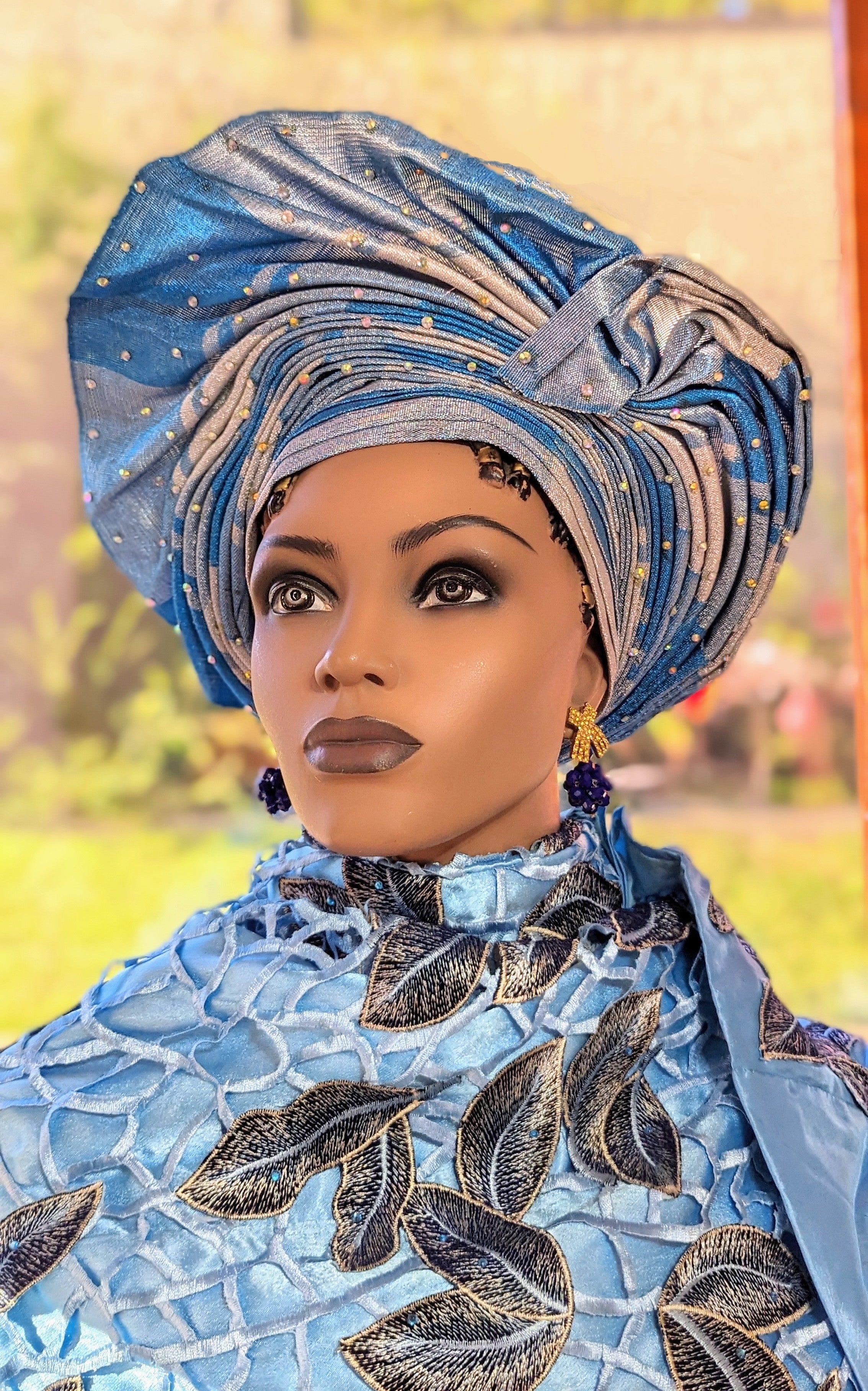 Ifedara two-toned Turquoise-Blue and Silver Aso Oke African head tie Autogele pre-tied head wrap-DPAGTBS97、mySite、solidvoid