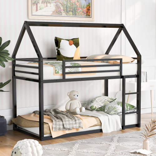 Twin over Twin House Bunk Bed with Built-in Ladder,White、、casual