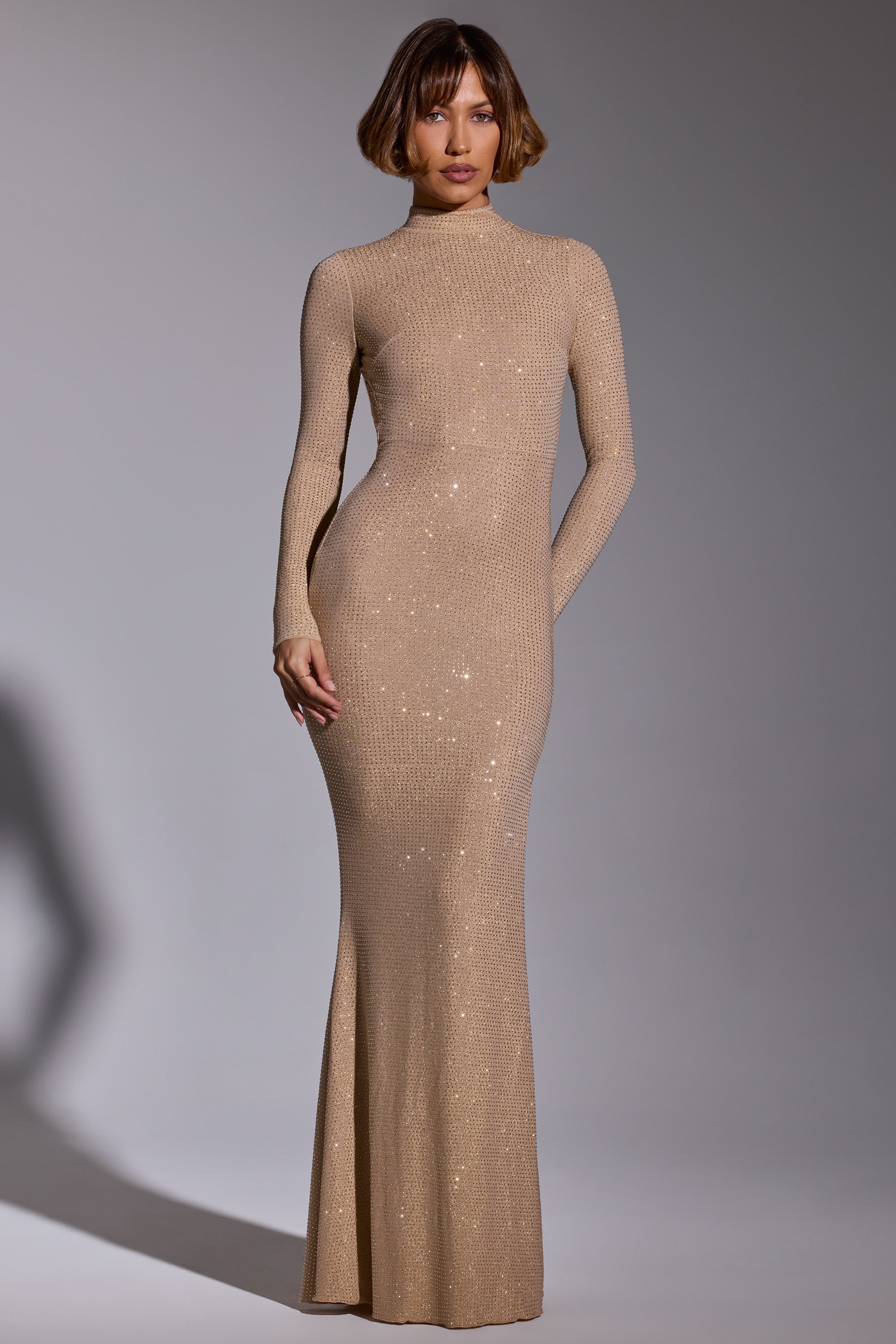 Embellished Long Sleeve Evening Gown in Gold、mySite、solidvoid