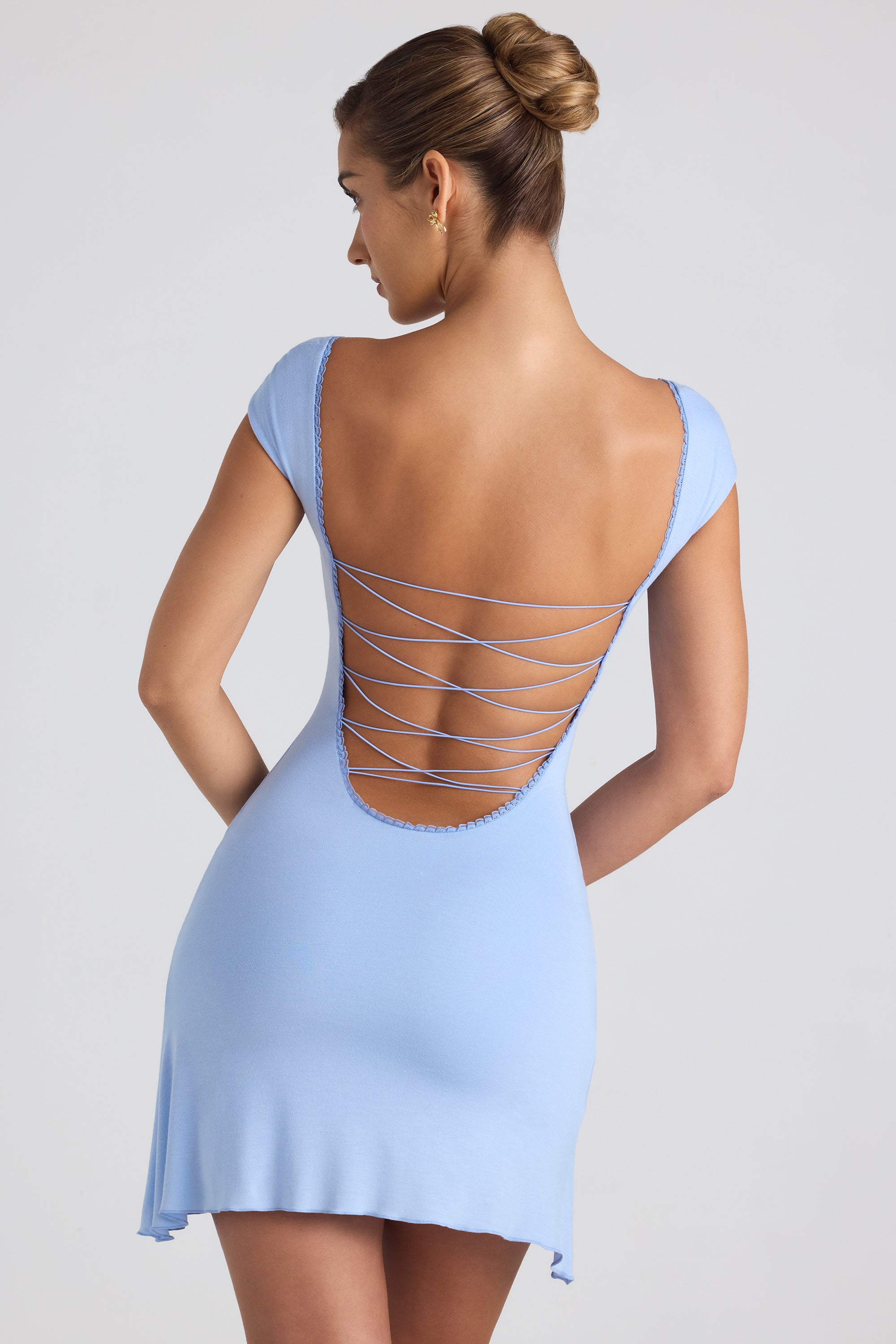 Modal Asymmetric Lace-Up A-Line Mini Dress in Sky Blue、mySite、solidvoid