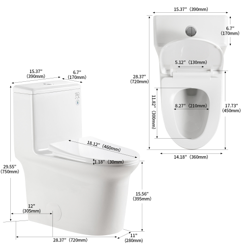 1.1/1.6 GPF Elongated Comfort Height Floor Mounted One-Piece Toilet, CUPC Certified, WaterSense Cetified, Ceramic, White Color, Soft Close Seat、、xpatfood